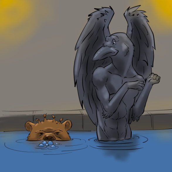 The Dungeon Run fan art Campaign 2 - Aaraokra and Ursakka in a hot tub by JD Illustrates
